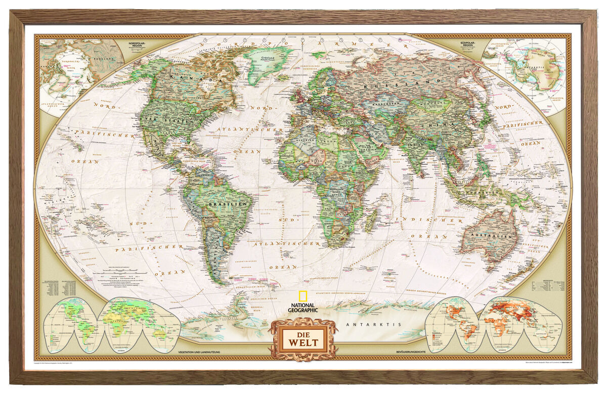 Eine antike Weltkarte von National Geographic in einem Holzrahmen. Die Karte zeigt die Kontinente mit detaillierten geografischen Informationen und farbenfrohen Illustrationen. Unten rechts sind kleine Karten mit zusätzlichen Detailansichten abgebildet.