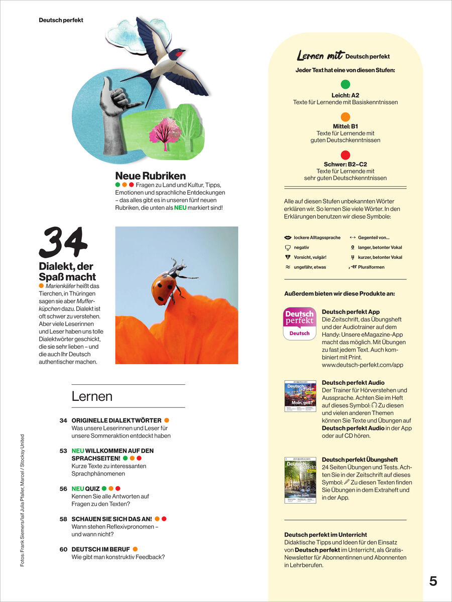 Magazinseite aus "Deutsch perfekt Magazin 10/2026" mit modernem Collagen-Design: Vogel, Hände, Klee, Marienkäfer auf Mohnblume. Textblöcke zu Dialekten und Lerneinheiten, Infokasten zum Sprachtraining nach Niveau A2 bis C2. Aufzählungen zu App- und Zusatzangeboten.