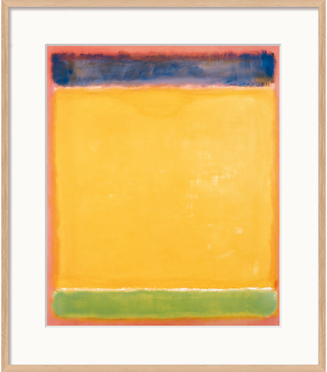 Ein abstraktes Gemälde von Mark Rothko aus dem Jahr 1951 mit dem Titel 'Untitled (Blue, Yellow, Green, Red)', gerahmt in hellem Holz. Das Bild besteht aus großen, farbigen Feldern: ein blaues Band oben, ein gelbes Feld im Zentrum, und ein grünes Band unten. Die Farben sind kräftig und ineinander übergehend, erzeugen ein lebhaftes und gleichzeitig beruhigendes Gesamtbild.