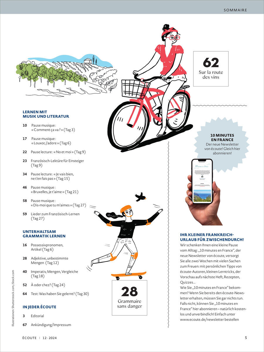Titelseite der Écoute Magazin Sonderausgabe 12/2024, zeigt Illustrationen mit einem Fahrradfahrer, einer Hand mit Smartphone und einer Comicfigur. Enthält Hinweise auf Inhalte wie Literatur und Grammatikübungen im Bereich Französisch lernen.