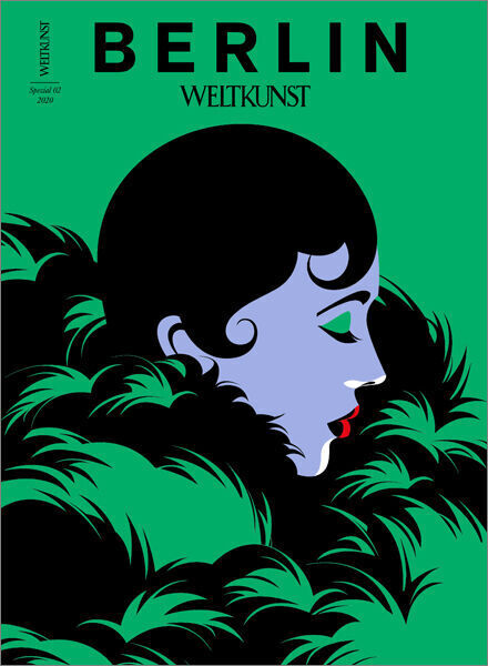 Illustration eines Kunstmagazins mit dem Titel ‘BERLIN WELTKUNST 170/20’. Eine stilisierte Frau mit blauer Haut, roten Lippen und schwarzen, federartigen Verzierungen auf einem grünen Hintergrund.