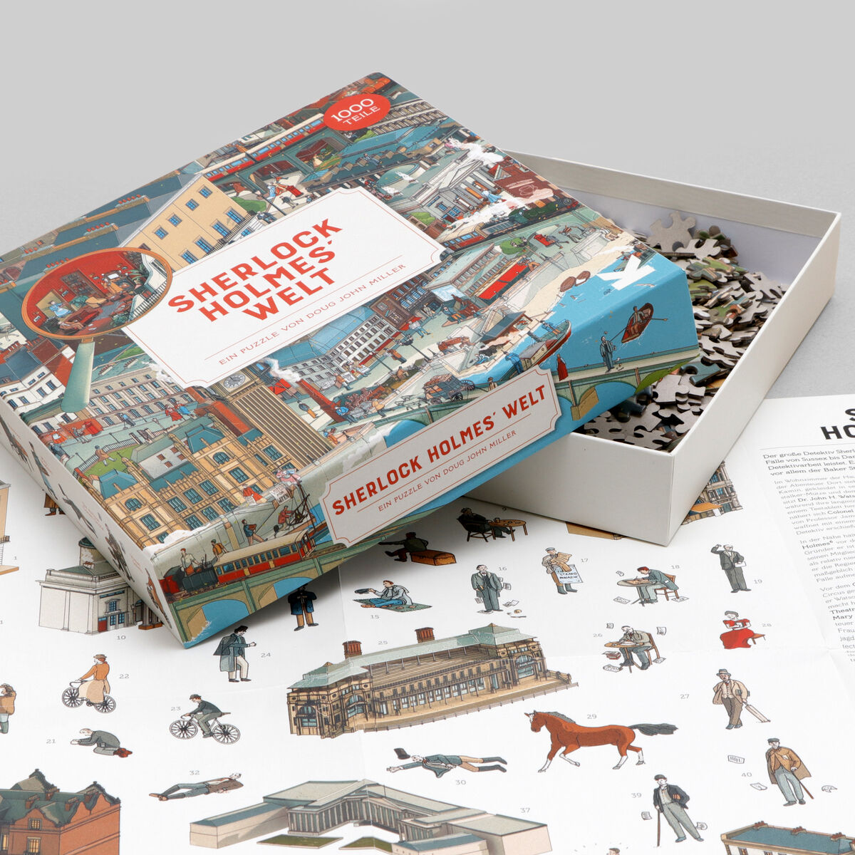 Ein Puzzle mit dem Titel »Shakespeares Welt« zeigt historische und kulturelle Szenen aus Shakespeares Werken. Es enthält viele farbenfrohe und detailreiche Illustrationen und wird in einer Box geliefert. Das Bild zeigt die geöffnete Puzzle-Schachtel, einige lose Puzzleteile und ein Informationsblatt.