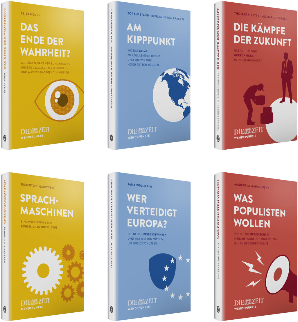Sechs Hardcover-Sachbücher der ZEIT-Edition »Wendepunkte« mit bunten Coverfarben (gelb, blau, rot), thematisch zu KI, Wahrheit, Klimawandel, Populismus, Gerechtigkeit und Sicherheit, jeweils mit Illustrationen passend zum Thema, aufrecht nebeneinander angeordnet.