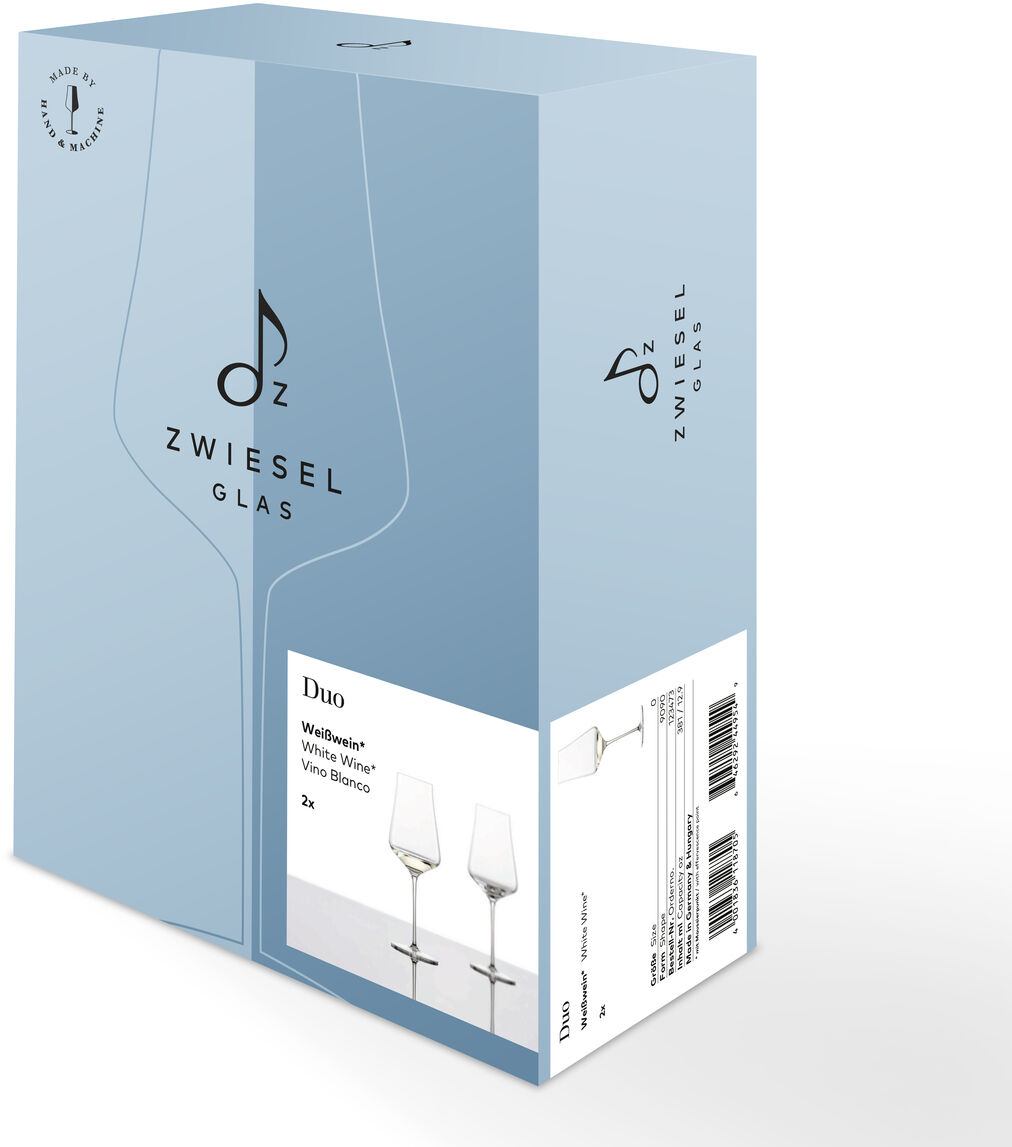 Produktbild von einem 2er-Set Weißweingläser 'DUO' von Zwiesel Glas in einer blau-weißen Verpackung.