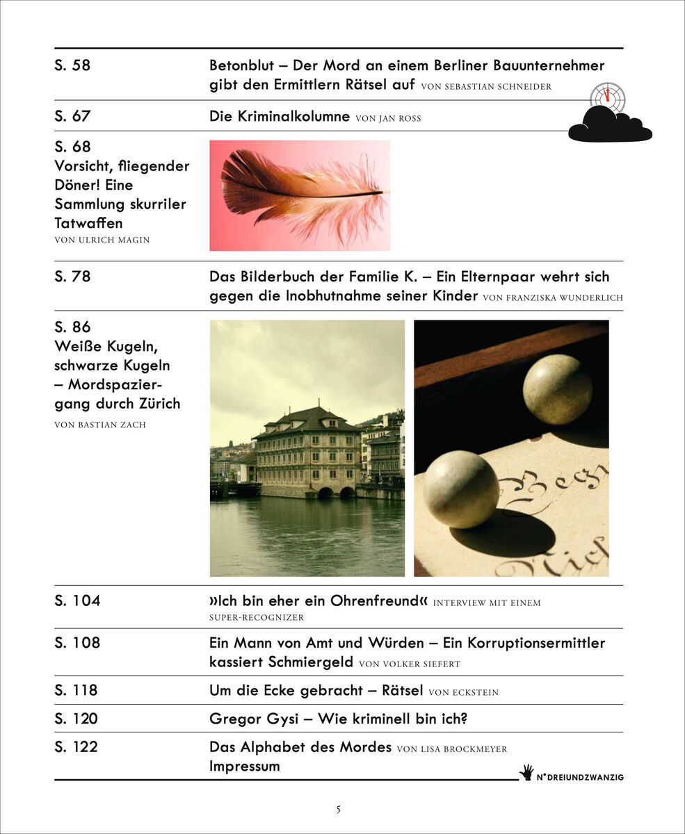 Eine Seite der Zeitschrift ZEIT VERBRECHEN 23/23 zeigt eine Inhaltsübersicht mehrerer spannender Artikel über Strafverfolgung, mysteriöse Fälle und Kriminalberichte.