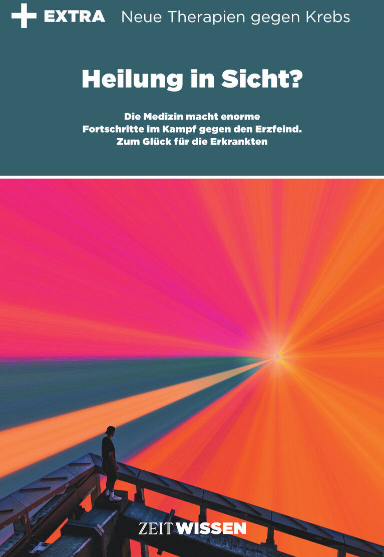 ZEIT WISSEN 1/24 Die Nacht Magazincover mit dem Titel 'Heilung in Sicht?' und dem Thema neue Therapien gegen Krebs. Eine einzelne Figur steht vor einem strahlenden, farbenfrohen Hintergrund.