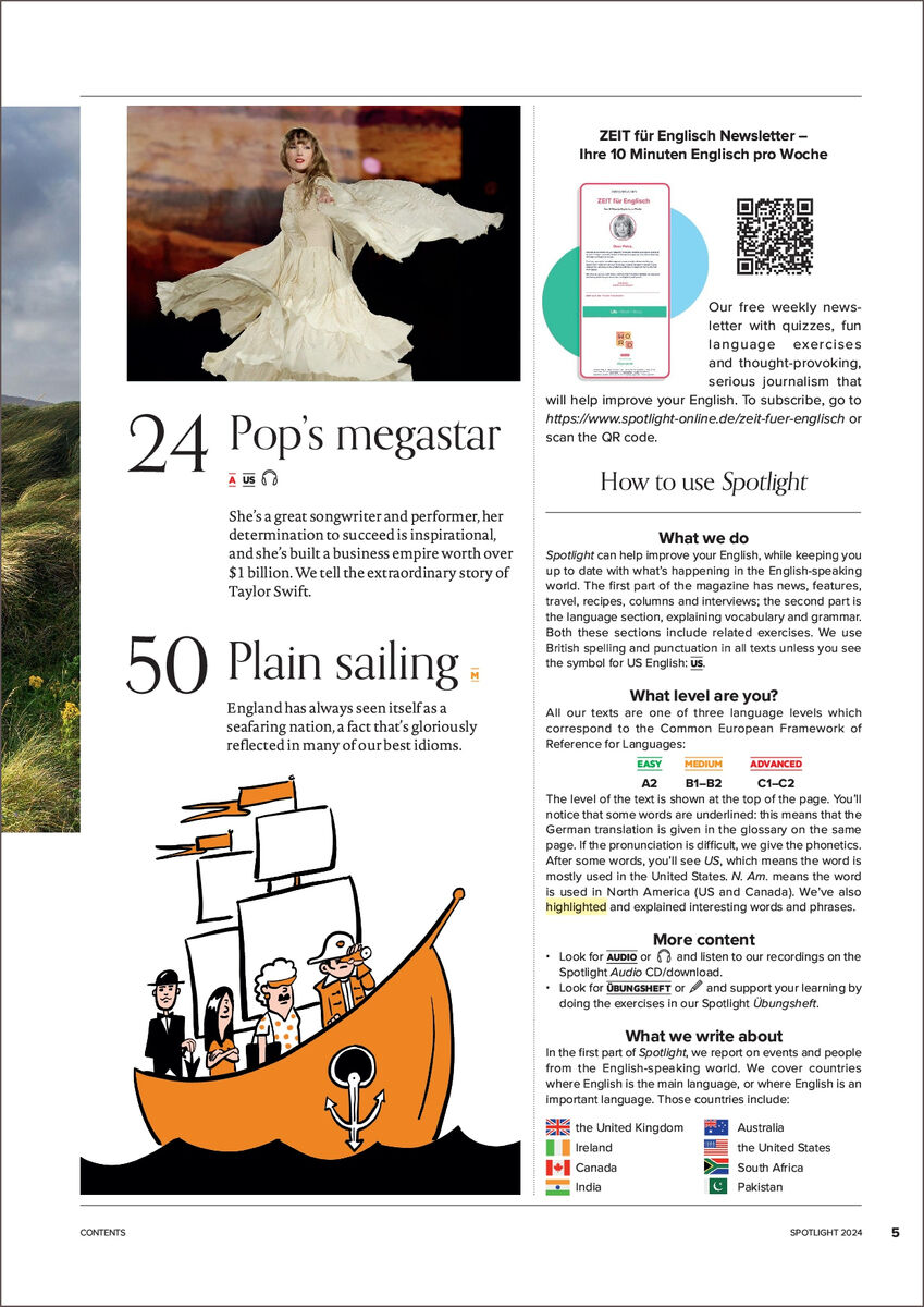 Seite des Spotlight Magazins Ausgabe 08/2024. Oben links ein Bild von Taylor Swift in einem weißen Kleid. Unten eine Illustration von einem Piratenschiff mit Besatzung. Texte bieten Informationen über Taylor Swift und englische Vokabeln. QR-Codes und andere grafische Elemente vorhanden.