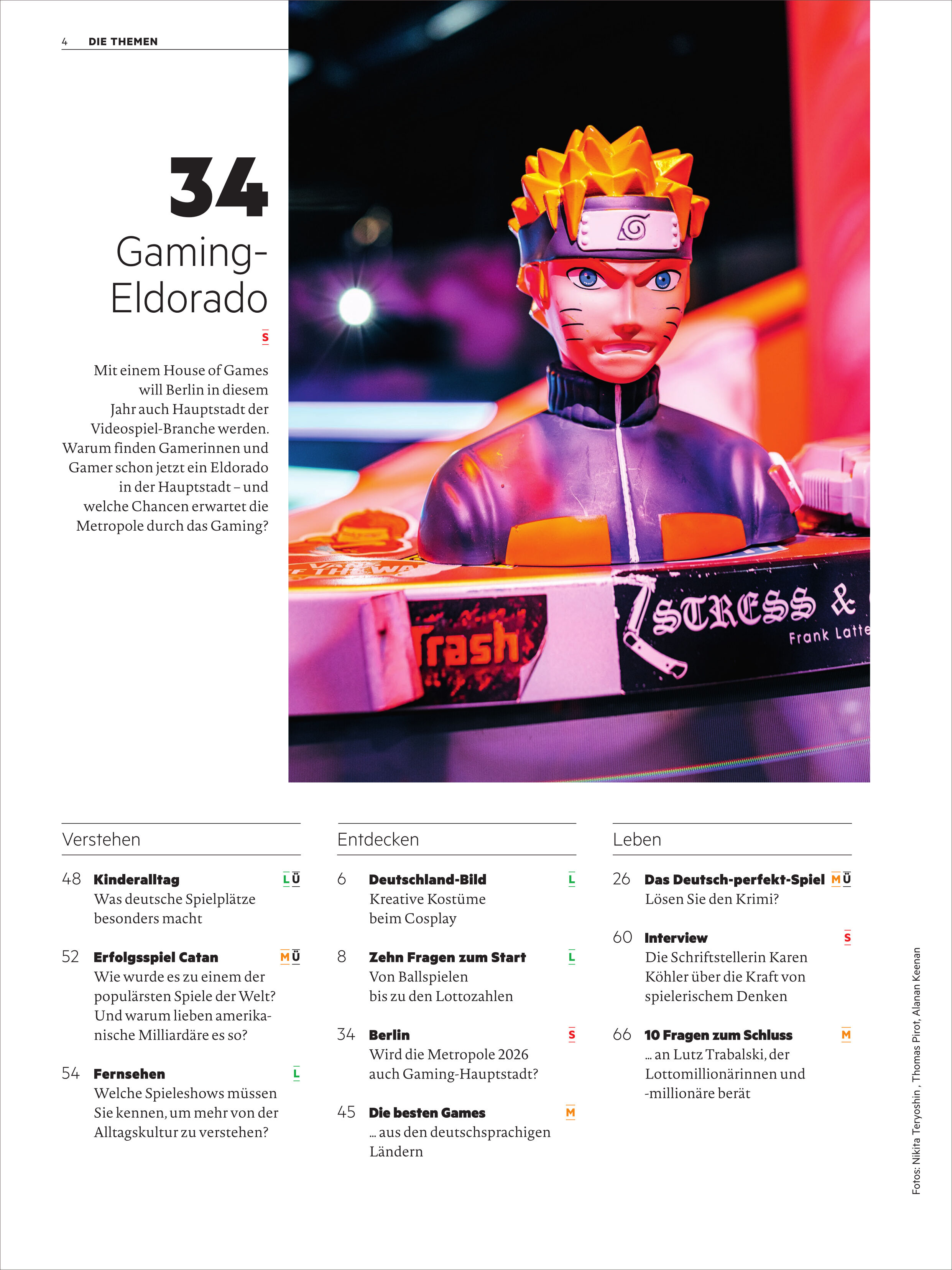 Auf dem Titelbild einer Magazinseite ist eine große Manga-Figur mit stacheligen gelben Haaren und Stirnband zu sehen, die ein buntes Spielgerät in den Händen hält. Im Hintergrund sind pinke und violette Lichteffekte. Links steht der Titel "34 Gaming-Eldorado" sowie redaktionelle Einleitungstexte zum Thema Gaming und Spielekultur.