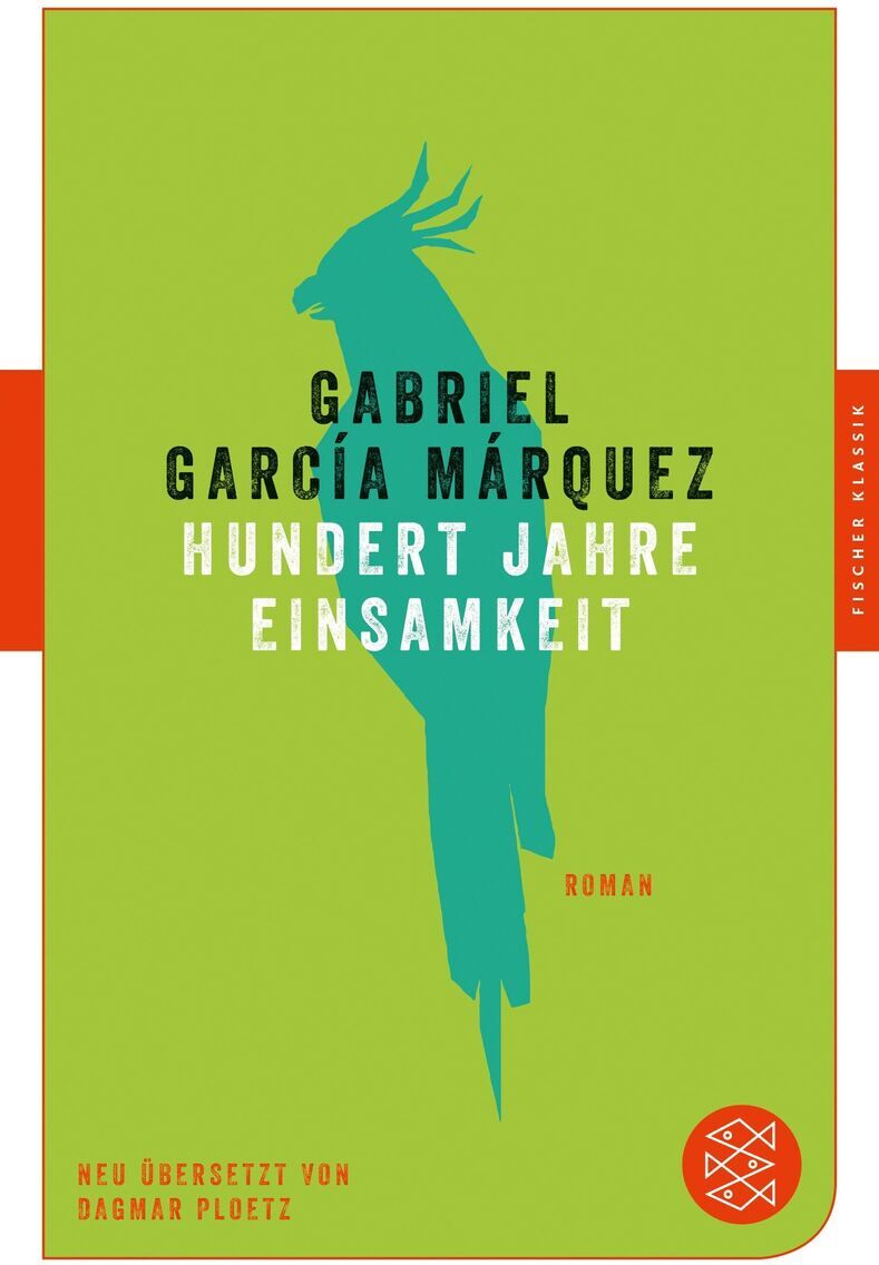 Buchcover von 'Hundert Jahre Einsamkeit' von Gabriel García Márquez. Das Cover ist grün mit einem roten Streifen auf der rechten Seite und einer roten Ecke unten links. Der Titel und der Autorname sind in schwarzen und weißen Buchstaben geschrieben. In der Mitte ist eine stilisierte Aufnahme eines Vogels in Türkis.