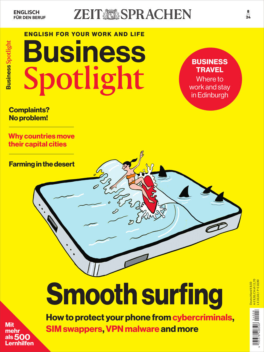 Cover des Business Spotlight Magazins Ausgabe 08/2024. Das Cover ist hauptsächlich gelb mit roten, schwarzen und weißen Akzenten. Der Titel 'Business Spotlight' steht prominent, darunter das Thema 'Smooth surfing: How to protect your phone from cybercriminals, SIM swappers, VPN malware and more'.