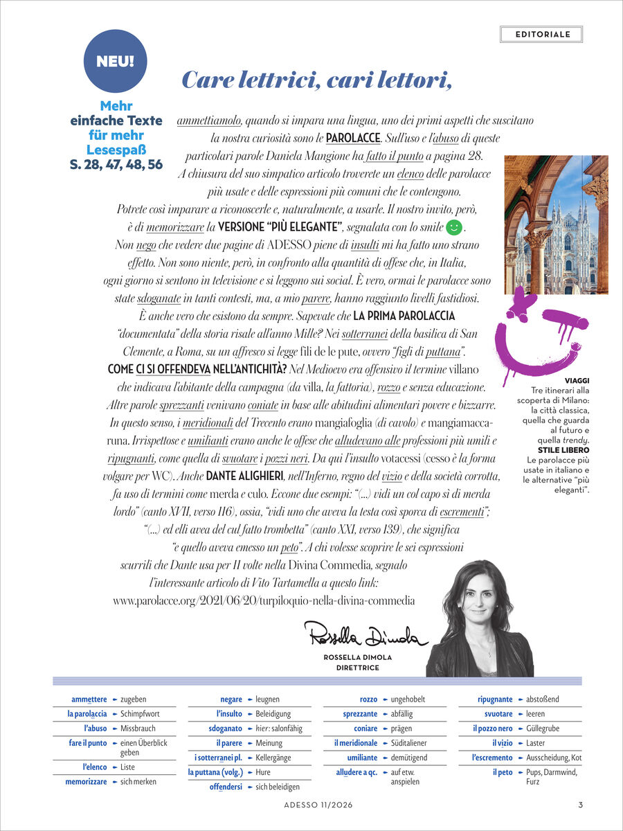 Titelseite des Adesso Magazins 11/2026 mit Editorial von Rossella Dimola, Foto einer Frau unten rechts, Akzentfarben in Blau und Violett, kleiner Fotocollage-Streifen oben rechts mit italienischen Motiven, farbige Illustrationen, viel Text mit Hervorhebungen und Rubrikentabelle.
