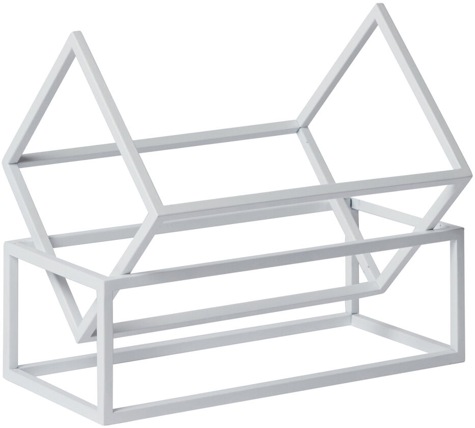 Ein moderner Buchständer aus weißem Stahl in minimalistischem Design, der wie ein kleines Haus geformt ist.