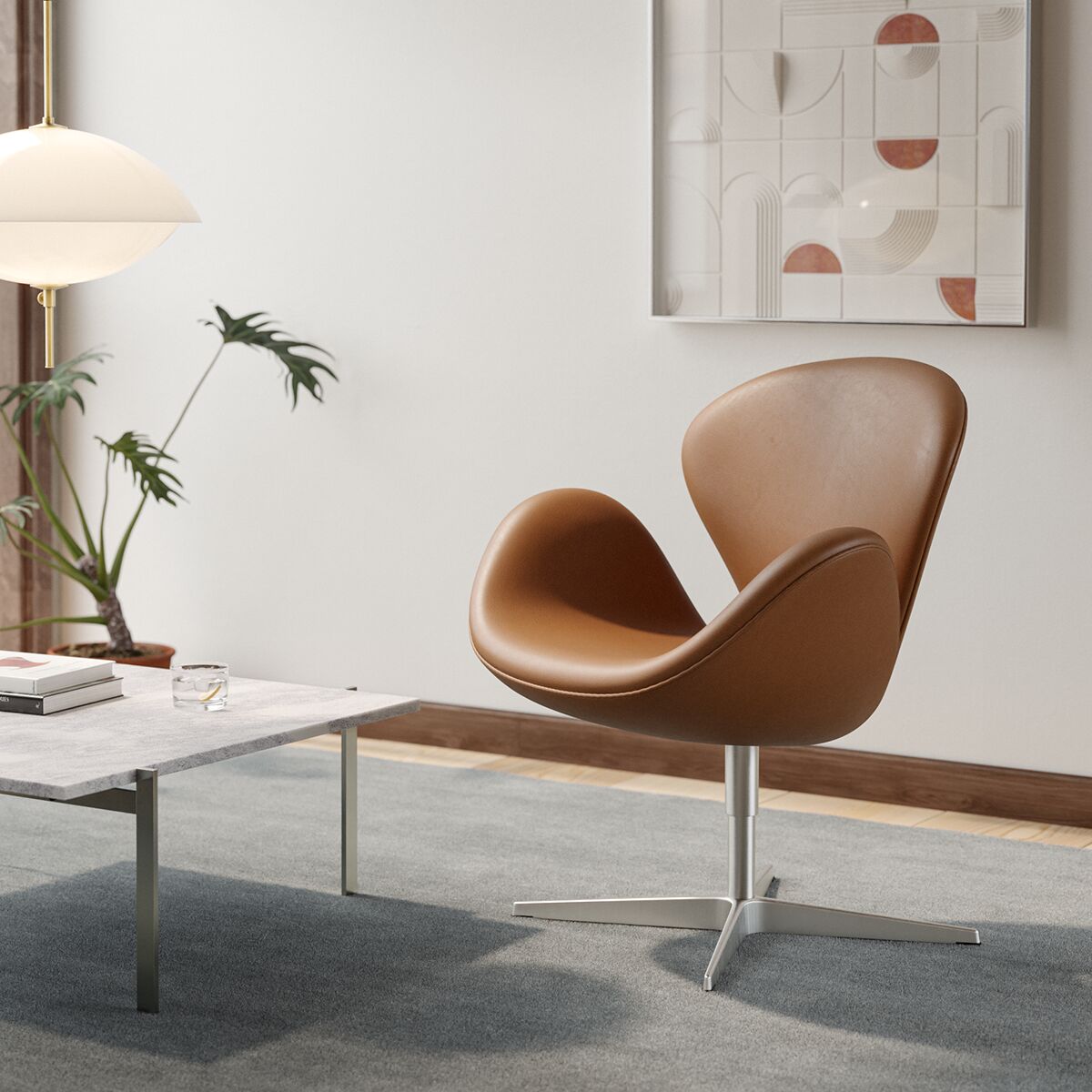 Brauner Designer-Loungestuhl im skandinavischen Stil steht auf einem grauen Teppich vor einem minimalistischen Tisch, umgeben von moderner Wohnraumdekoration und einem Bild an der Wand, in heller Tageslicht-Atmosphäre.