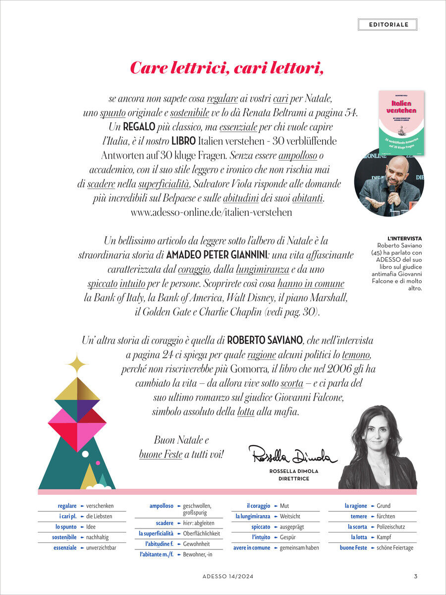 Seite des Adesso Magazins 14/2024 mit einem Editorial-Text, mehreren Bildern und weihnachtlichen Elementen.