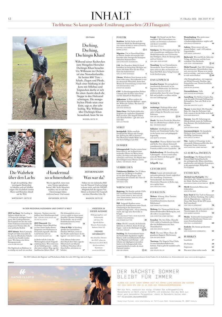 Detailreiches Inhaltsverzeichnis der Wochenzeitung DIE ZEIT 45/2026 mit klar strukturierter Spaltenaufteilung. Enthält Fotos, Artikelüberschriften und Kurztexte. Links oben ein Mann auf einem Pferd, darunter drei kleinere Bildrubriken zu verschiedenen Themen, unten eine Werbeanzeige.