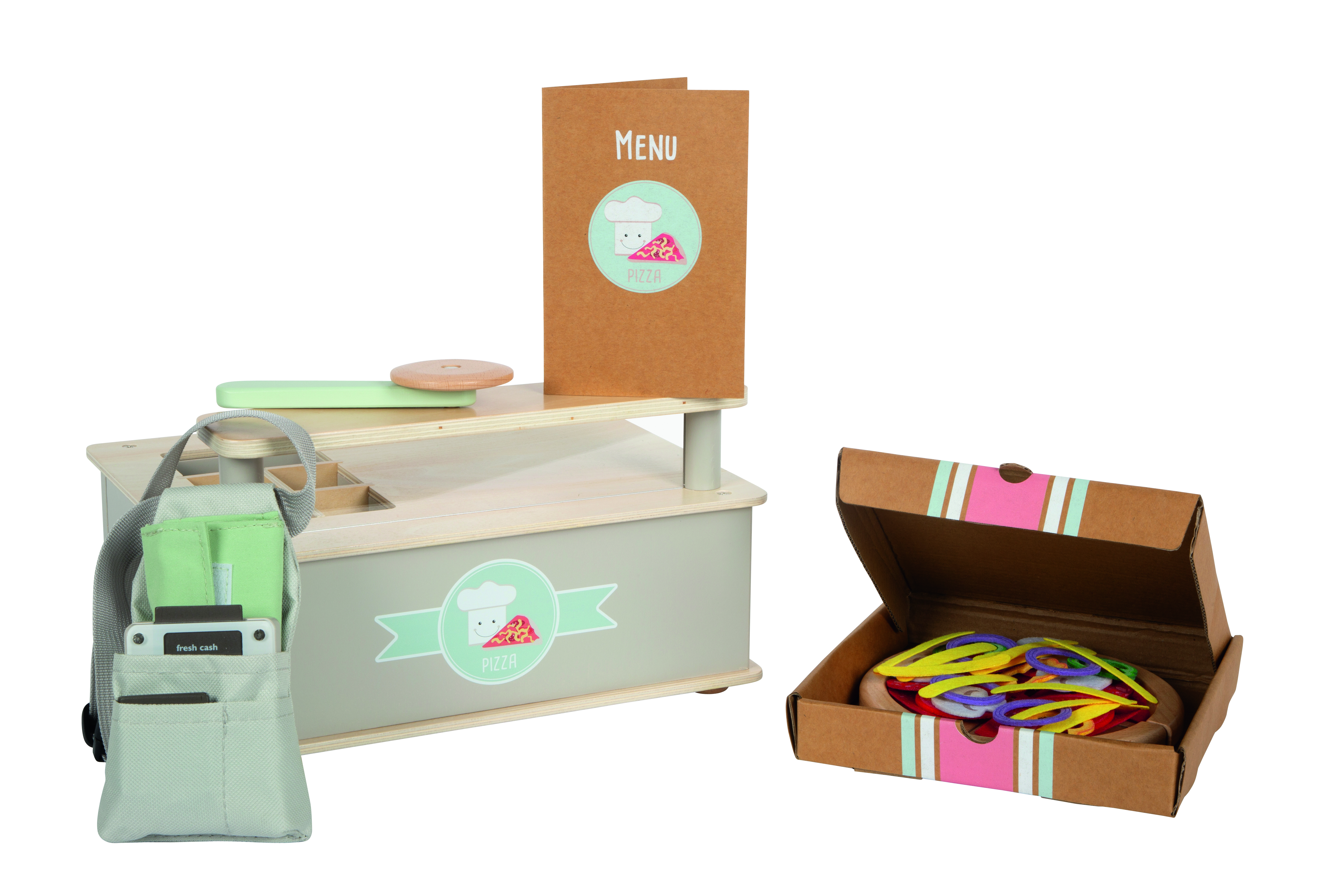 Das Bild zeigt ein Pizzeria-Spielset für Kinder aus Holz mit Pizzaofen, Menükarte, Kasse, Geldtasche und einer geöffneten Pizzaschachtel samt farbigen Pizzastücken. Das Set eignet sich für fantasievolle Rollenspiele und fördert das kreative Spiel.