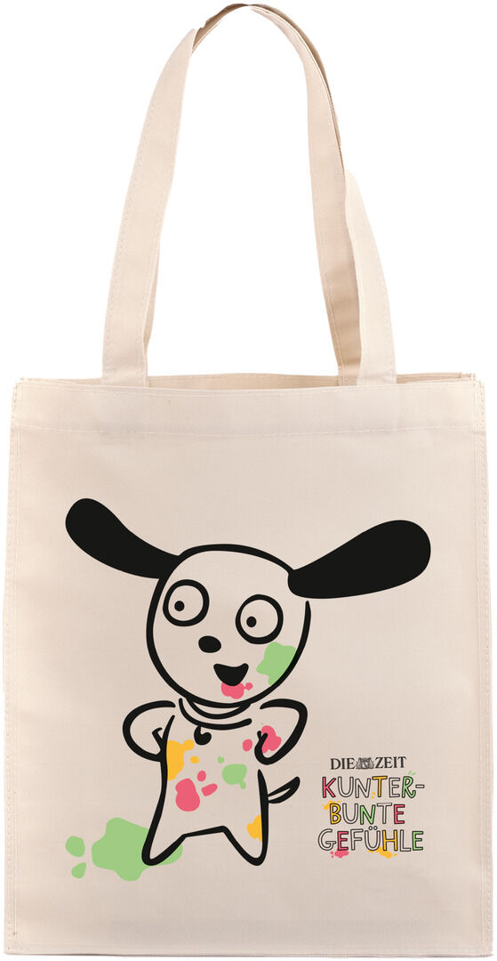 Beigefarbene Stofftasche mit einem illustrierten Hund vorne, schwarz und grün, mit der Aufschrift 'ZEIT-Edition Kunterbunte Gefühle'.