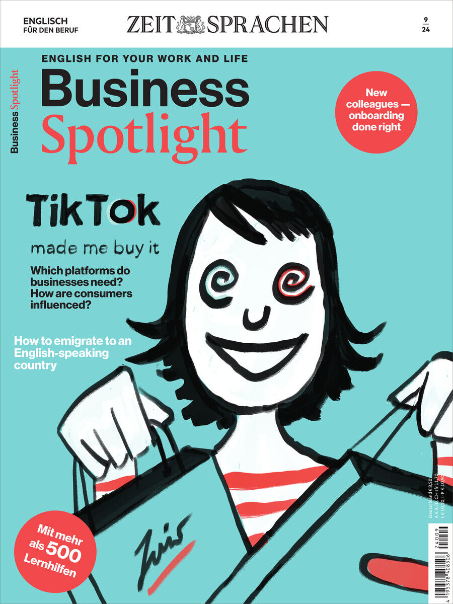 Das Titelbild des Business Spotlight Magazins 09/2024 zeigt eine handgezeichnete Person in einem Business-Anzug und mit einem Lächeln auf dem Gesicht. Der Hintergrund ist blau und das Magazin enthält Texte wie 'TikTok made me buy it' und 'Business Spotlight'. In der Ecke steht 'Mit mehr als 500 Lernhilfen' und oben 'Zeit Sprachen'.