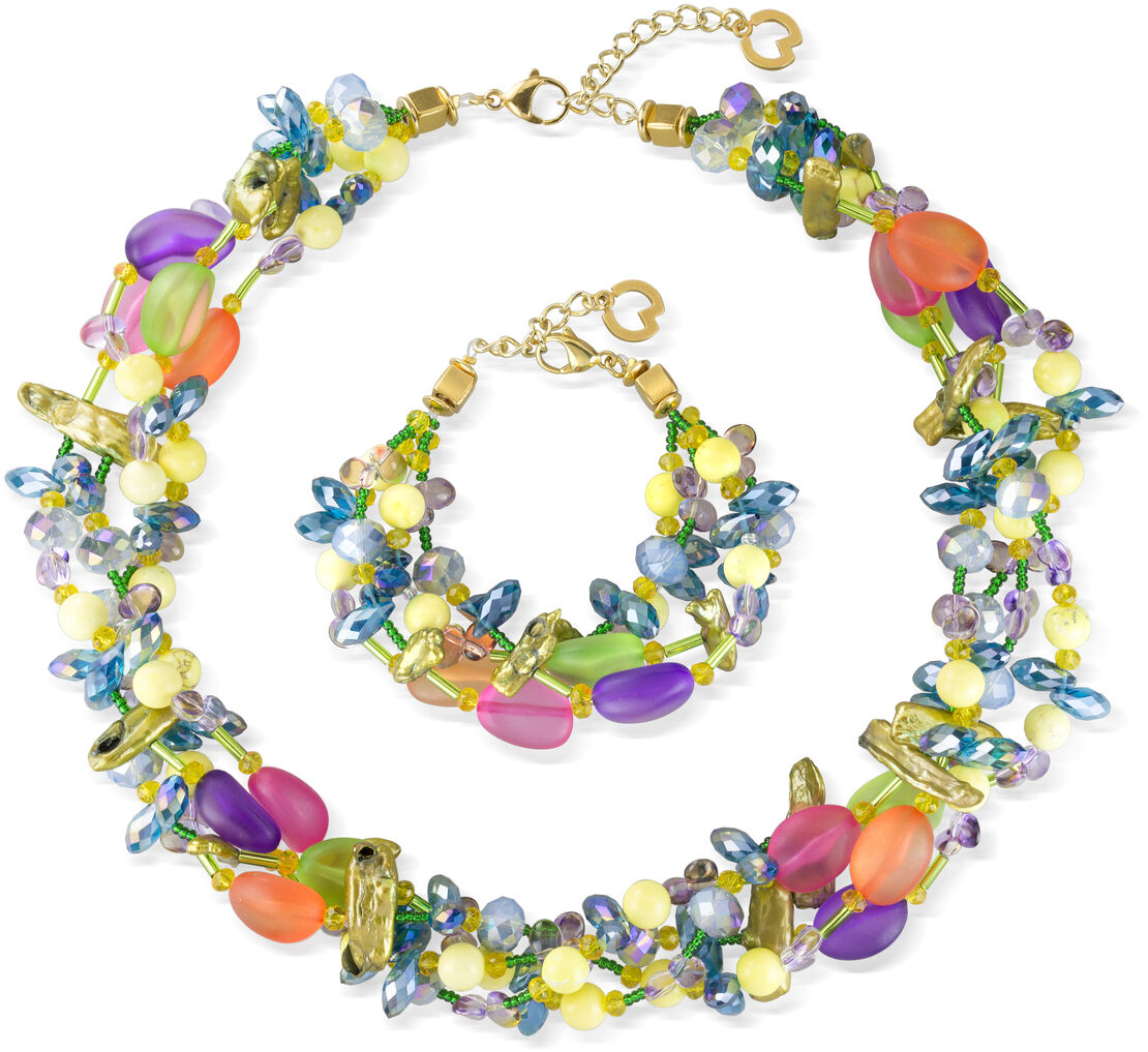 Buntes Schmuck-Set »Tesoro« bestehend aus Halskette und Armband mit goldenen Verschlüssen und bunten Perlen in verschiedenen Farben einschließlich Lila, Grün, Gelb, Blau, Weiß, Rot und Orange.