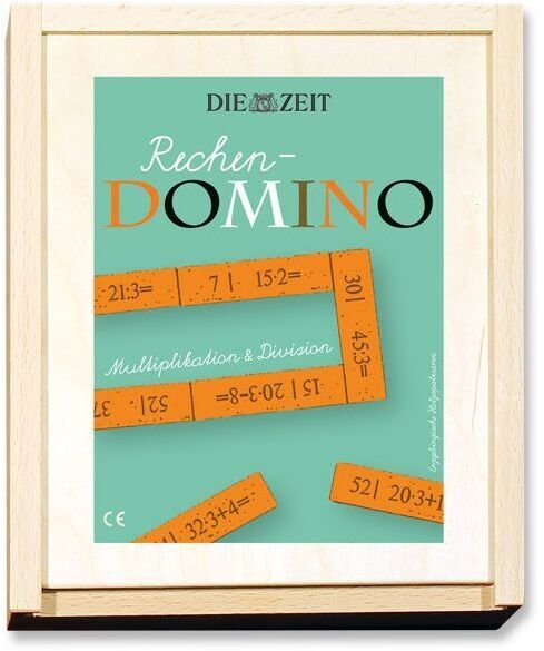 Rechendomino von DIE ZEIT. Ein Holzspiel zur Unterstützung von Multiplikation und Division. Enthält orangefarbene Holzstücke mit mathematischen Aufgaben. Das Spiel befindet sich in einer hölzernen Box mit grünem Hintergrund.