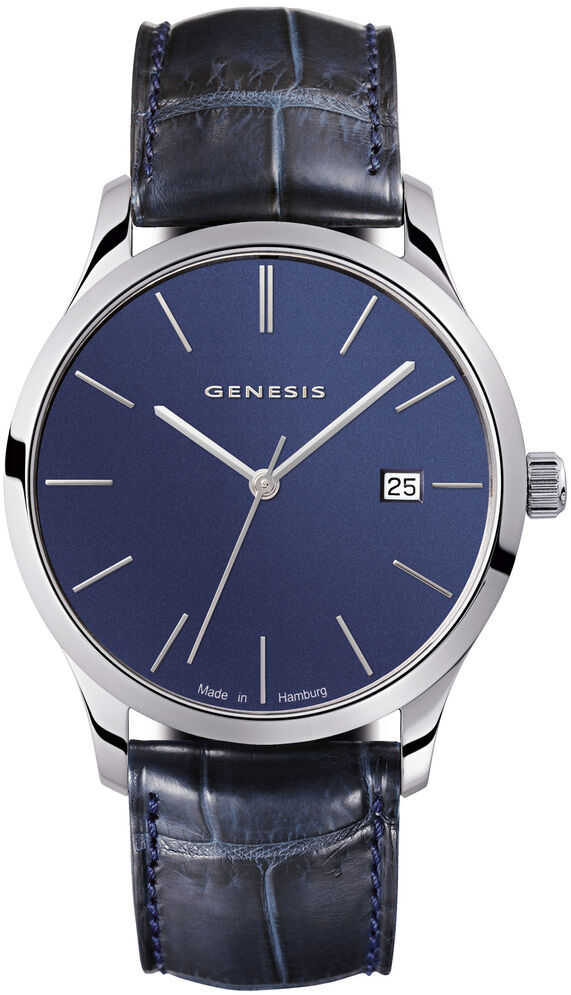 ZEIT Sonderedition GENESIS »Aura« in Blau. Elegante Herrenuhr mit blauem Zifferblatt, Edelstahlgehäuse und blauem Lederarmband mit Datumsanzeige.