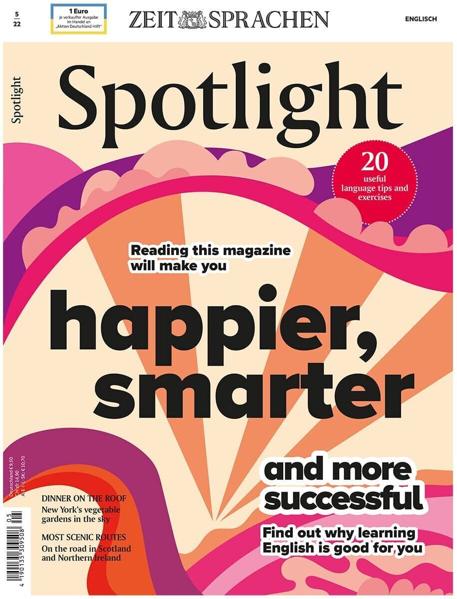 Cover der Zeitschrift Spotlight vom Mai 2022 mit dem Titel: 'Reading this magazine will make you happier, smarter and more successful'. Das Hauptthema ist das Erlernen der englischen Sprache. Oben steht 'Zeit Sprachen'.
