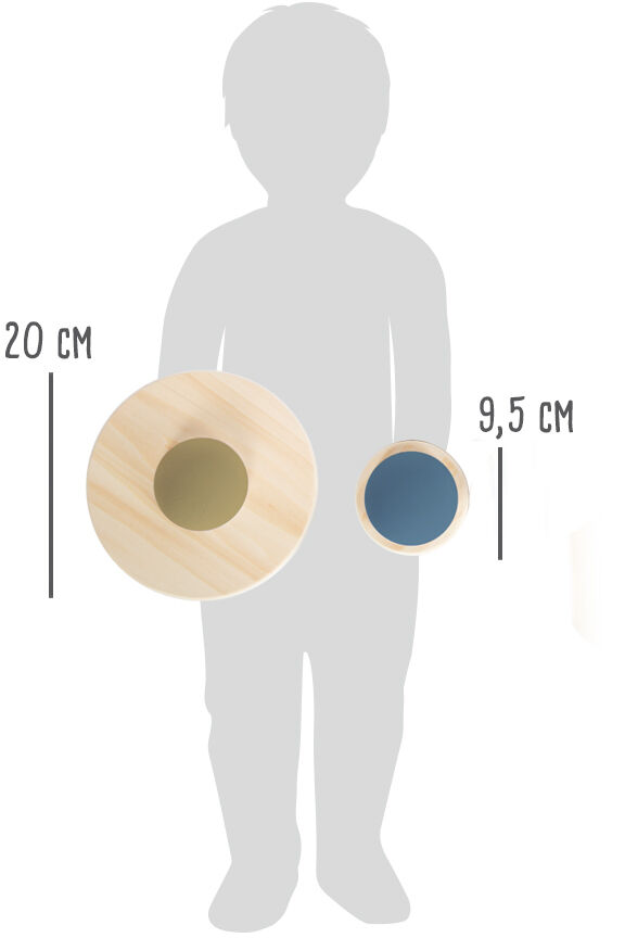 Zwei Balanciersteine aus Holz, einer mit einem grünen und der andere mit einem blauen Zentrum, vor einer skizzierten Silhouette eines Kindes. Der größere Stein hat einen Durchmesser von 20 cm, der kleinere einen Durchmesser von 9,5 cm.