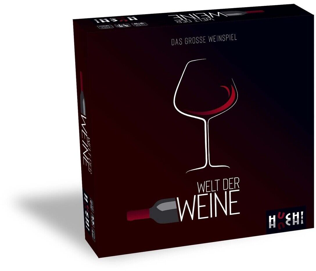 Ein Spiel-Set mit dem Titel 'Welt der Weine' in einer schwarzen Box, die ein Weinglas und eine Weinflasche in Rot und Weiß zeigt.