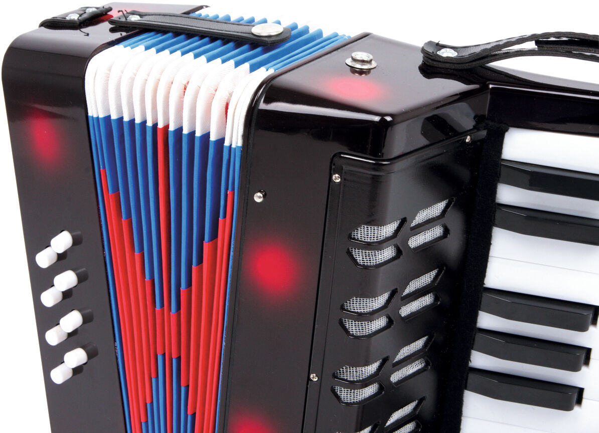 Ein modernes Akkordeon mit schwarz glänzendem Gehäuse und auffälligem Faltenbalg in Rot, Blau und Weiß. Sichtbar sind Tasten, Knöpfe und Verzierungen, ideal für Musikdarbietungen oder traditionelle Feste.