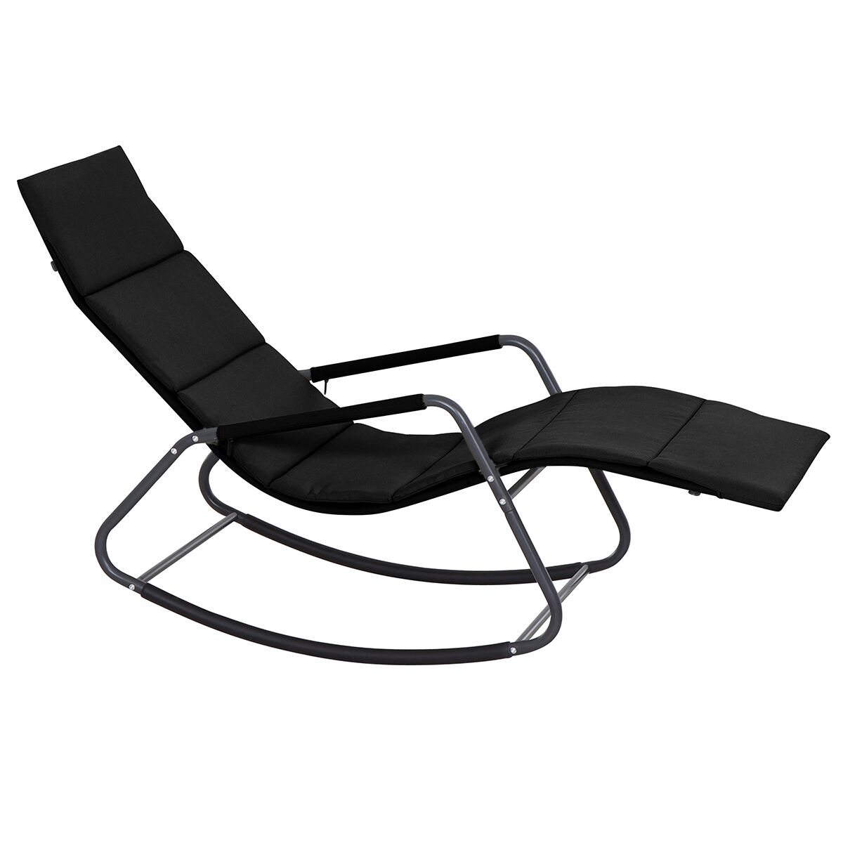 Moderne schwarze Schaukelliege mit stabilem Metallrahmen und gepolsterter Liegefläche, geeignet für Terrasse, Balkon oder Garten. Die Liege lädt zum Entspannen im Freien ein und kombiniert Komfort mit zeitlosem Design.