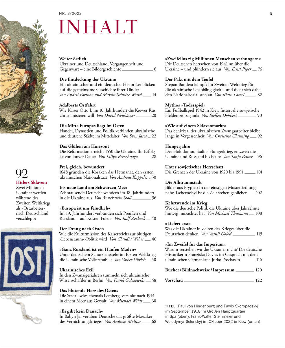 Inhaltsverzeichnis der Ausgabe 3/23 von Zeit Geschichte mit dem Titel 'Die Ukraine, Russland und wir'. Es zeigt eine strukturierte Liste der Artikel mit Themen wie Ukraine, Russland, Ost, Westen, und viele historische sowie geopolitische Aspekte.