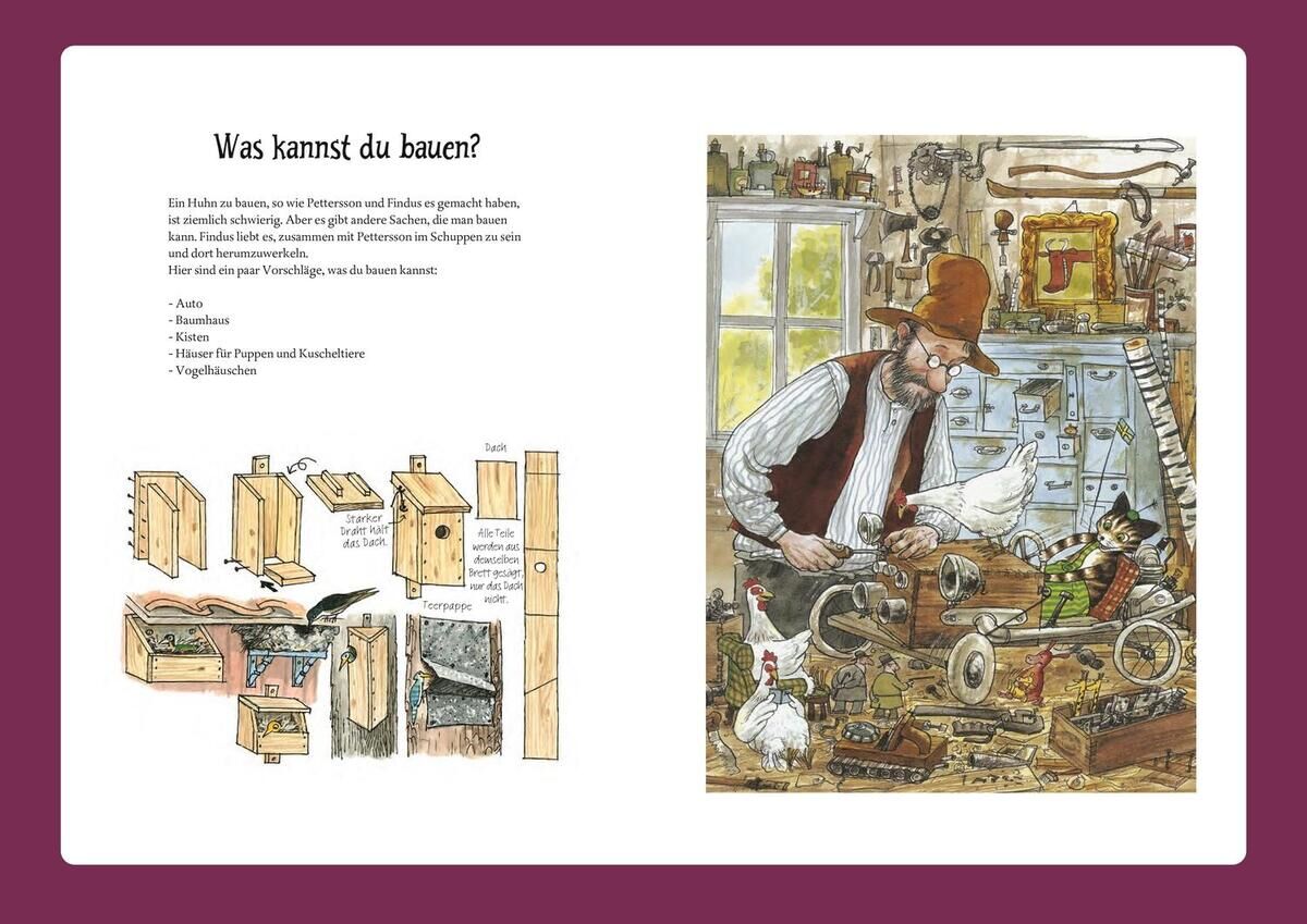 Bilderbuch 'Pettersson und Findus. Unsere schönsten Abenteuer' mit detailierten Illustrationen von Pettersson, einem alten Mann mit Hut, der in seiner Werkstatt arbeitet, und der Katze Findus. Nebenan eine detaillierte Bauanleitung eines Holzprojekts.