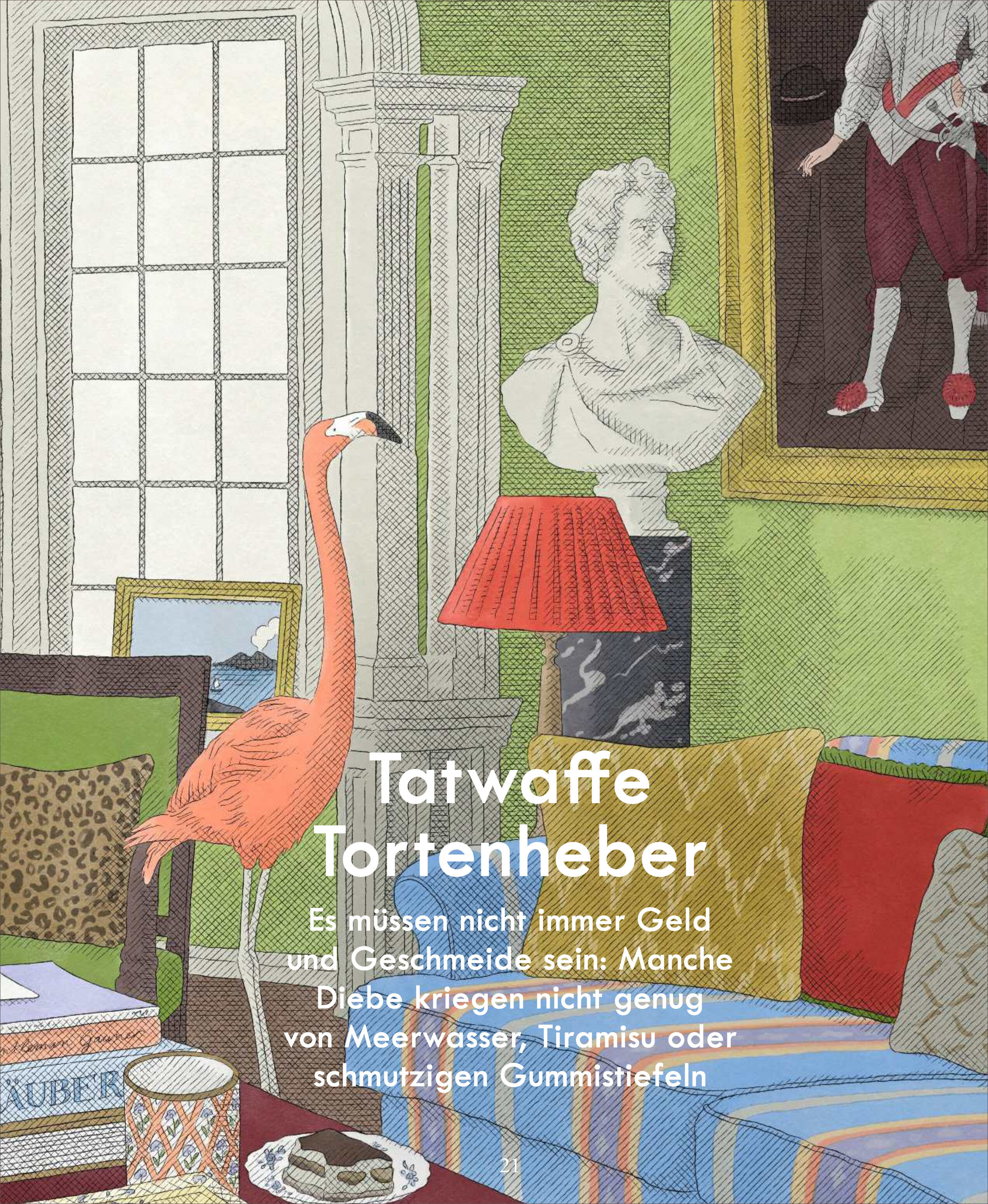 Titelbild des Magazins ZEIT VERBRECHEN: Ein illustriertes, elegantes Wohnzimmer mit grünen Wänden, klassischem Mobiliar, Büchern, einer Marmorskulptur auf rotem Sockel und einem orangefarbenen Flamingo. Großformatige Fenster lassen Licht herein. Text hebt den Slogan hervor.