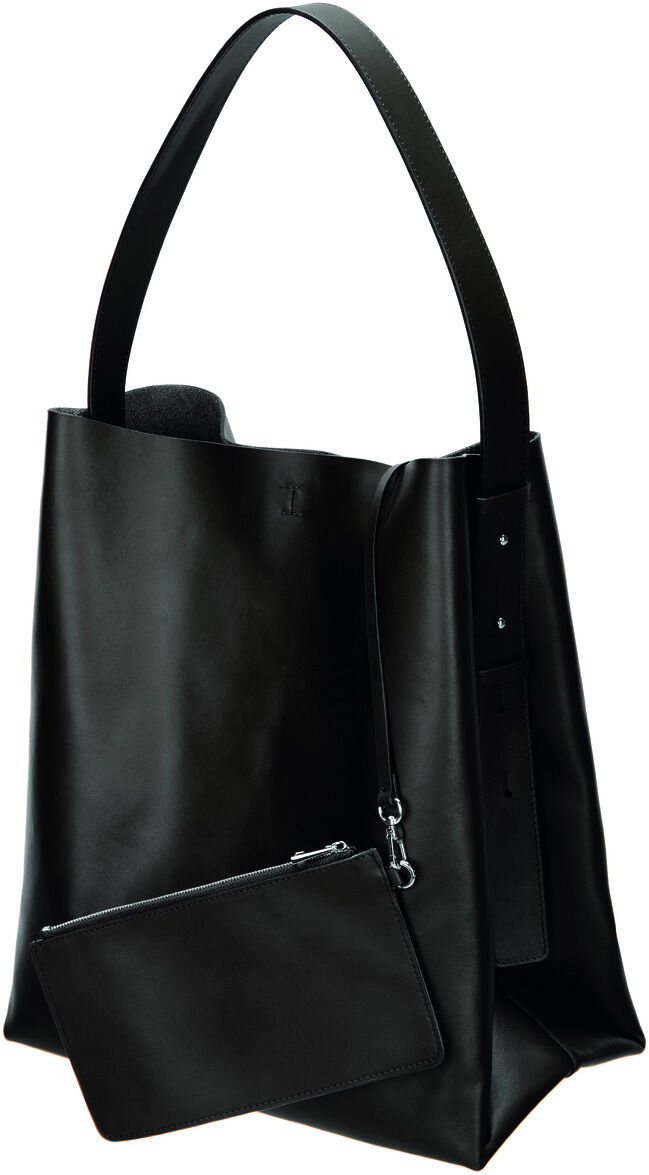 Hochwertige, schwarze Handtasche aus Leder mit minimalistischen Design und abnehmbarer kleiner Tasche vorne. Perfekt für die Arbeit oder den Alltag.