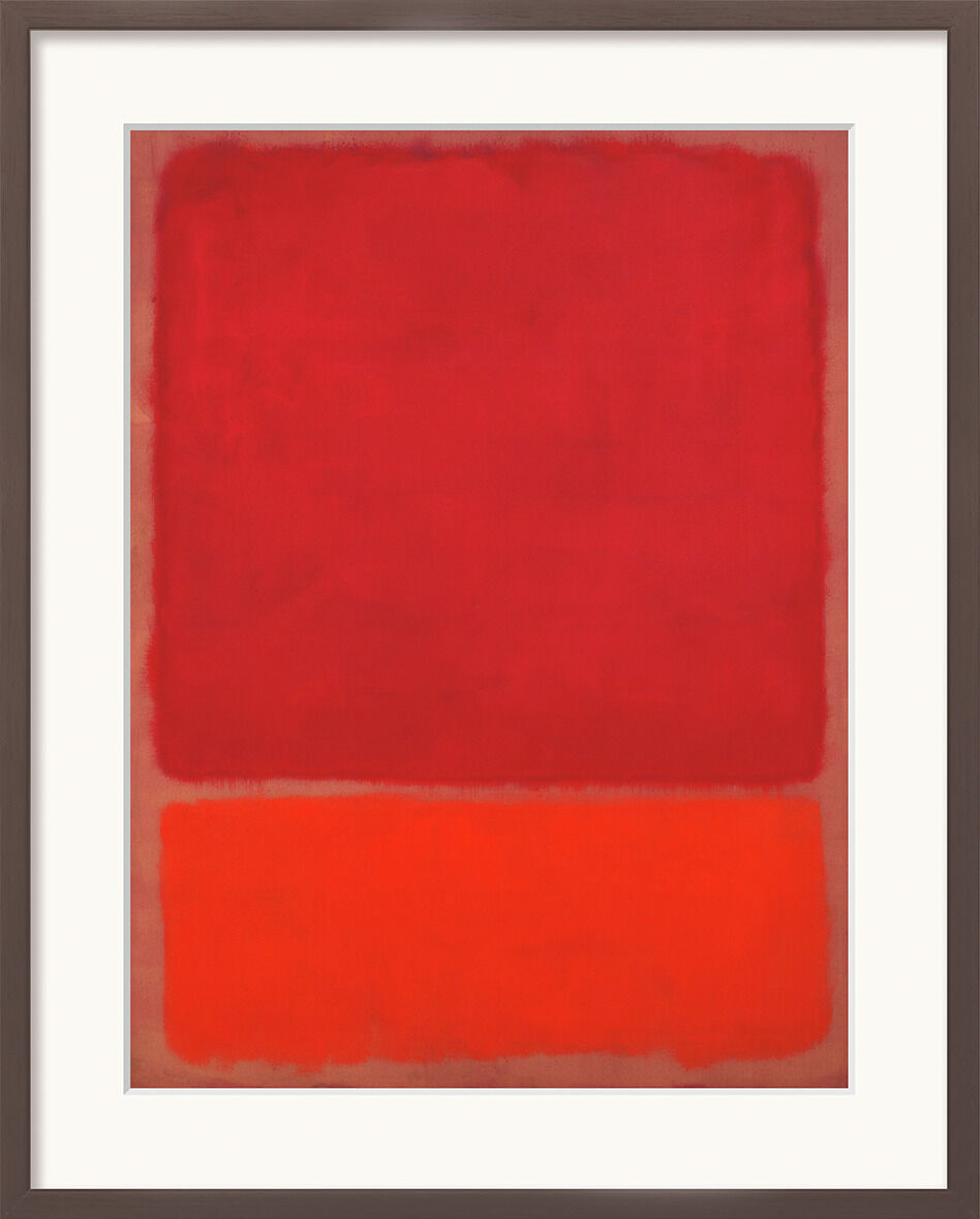 Ein abstraktes Gemälde von Mark Rothko mit zwei dominierenden Farbblöcken in Rot und Orange, eingerahmt in einem schwarzen Rahmen mit weißer Mattierung.