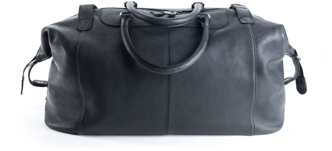 Hochwertige Reisetasche »Toro« in Schwarz aus Rindleder, Sonderedition von ZEIT. Die Tasche verfügt über stabile Tragegriffe und ein geräumiges Innenfach. Ideal für stilvolle Reisen und als Geschenk.