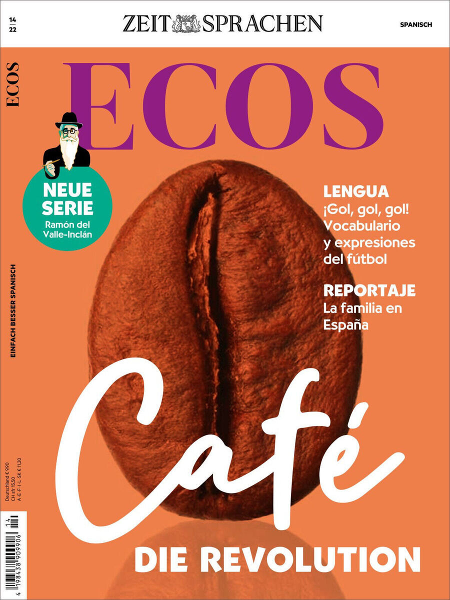 Das Cover des Magazins Ecos Heft 14/2022 zeigt den Titel in lila Schrift auf orangefarbenem Hintergrund. Darunter befindet sich ein großes Kaffeebohnenbild mit dem Text 'Café, die Revolution' in Weiß. Weitere Textelemente in Weiß und Rot enthalten Hinweise auf Reportagen und eine neue Serie über Ramón del Valle-Inclán.