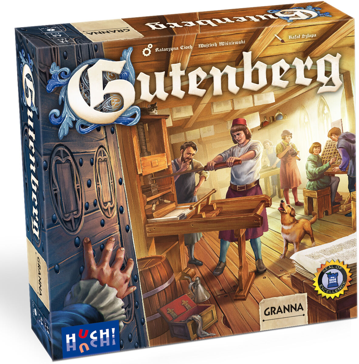 Die Verpackung des Brettspiels »Gutenberg« zeigt ein detailreich illustriertes Motiv einer historischen Druckwerkstatt mit mehreren Personen an einer Buchdruckmaschine. Das Bild vermittelt eine lebendige, kreative Atmosphäre im Stil der Erfindungszeit. Die Verpackung ist mit den Logos von Granna und HUCH! versehen.