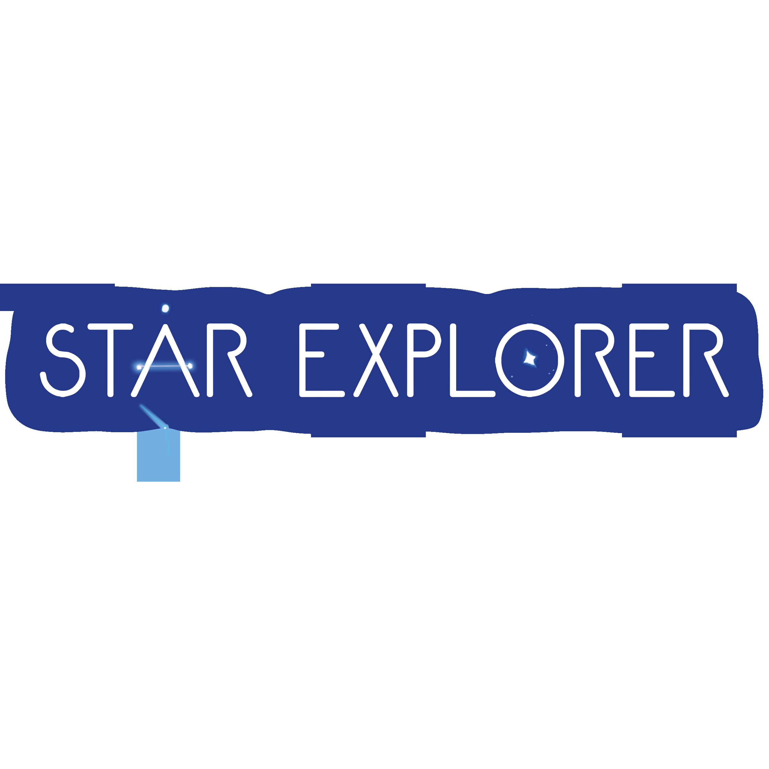 Das Bild zeigt ein minimalistisches Logo des Brettspiels »Star Explorer« in blauen Leuchtbuchstaben auf weißem Hintergrund. Die Schrift ist futuristisch gestaltet und das O ist durch ein kleines Planeten-Symbol mit Ring ersetzt. Das Bild enthält keine weiteren grafischen Elemente.