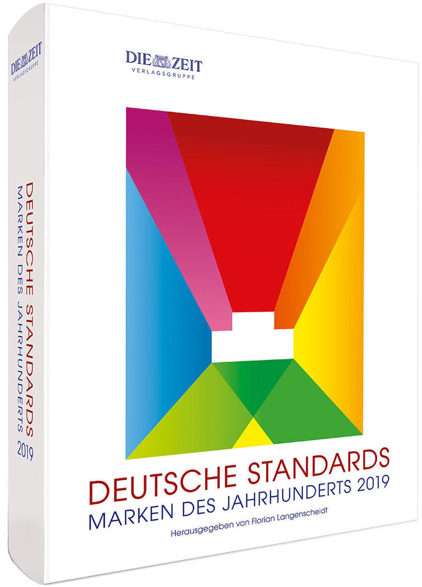 Das Bild zeigt das Buch "Deutsche Standards – Marken des Jahrhunderts 2019". Das Buch hat einen weißen Einband mit farbigen geometrischen Formen und den Titel in roten und blauen Buchstaben.