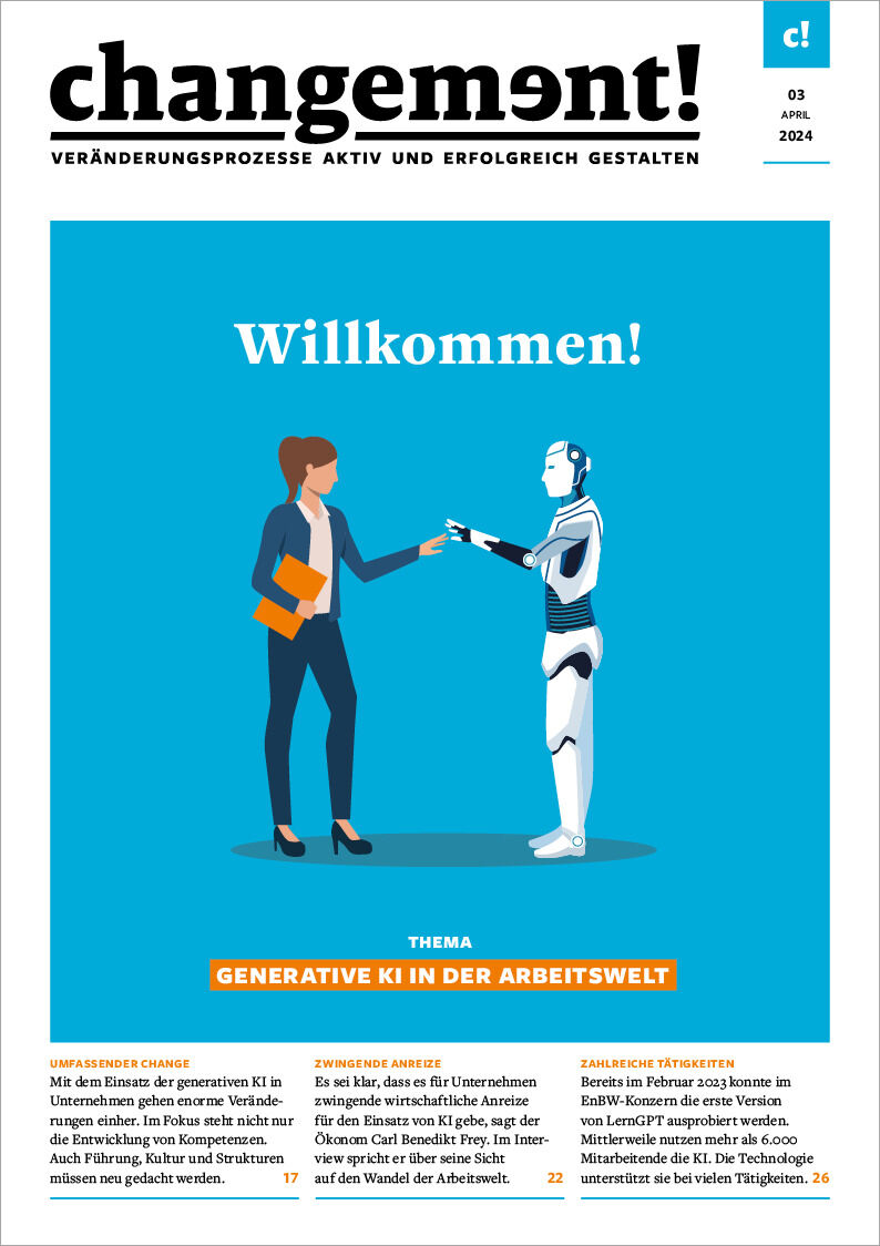 Das Bild zeigt das Cover der Zeitschrift 'changement! Ausgabe 03/2024: KI in der Arbeitswelt'. Ein humanoider Roboter reicht einer Geschäftsfrau, die ein Klemmbrett hält, die Hand. Der Hintergrund ist blau, und darüber steht in weißer Schrift 'Willkommen!'. Weitere Textinformationen sind unten auf dem Cover abgedruckt.