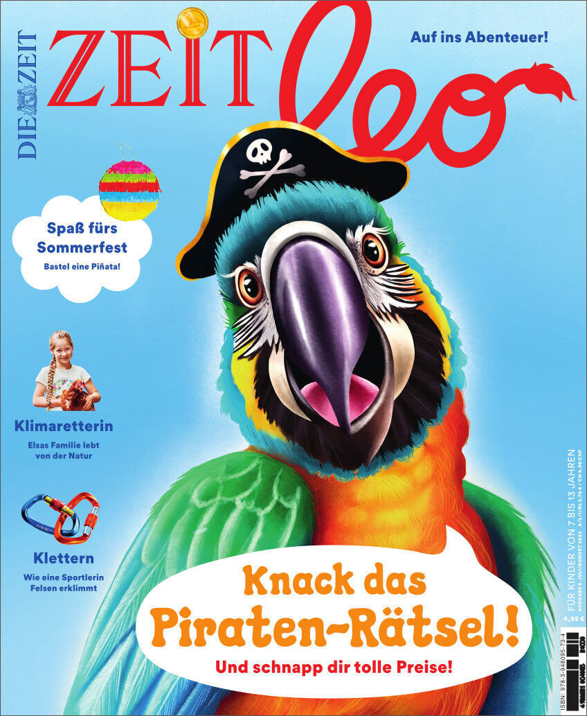 ZEIT LEO 5/23 Knack das Piratenrätsel! Titelseite zeigt einen bunten Papagei mit Piratenhut auf blauem Hintergrund. Oben links ein bunter Ball und der Text 'Spaß fürs Sommerfest'.