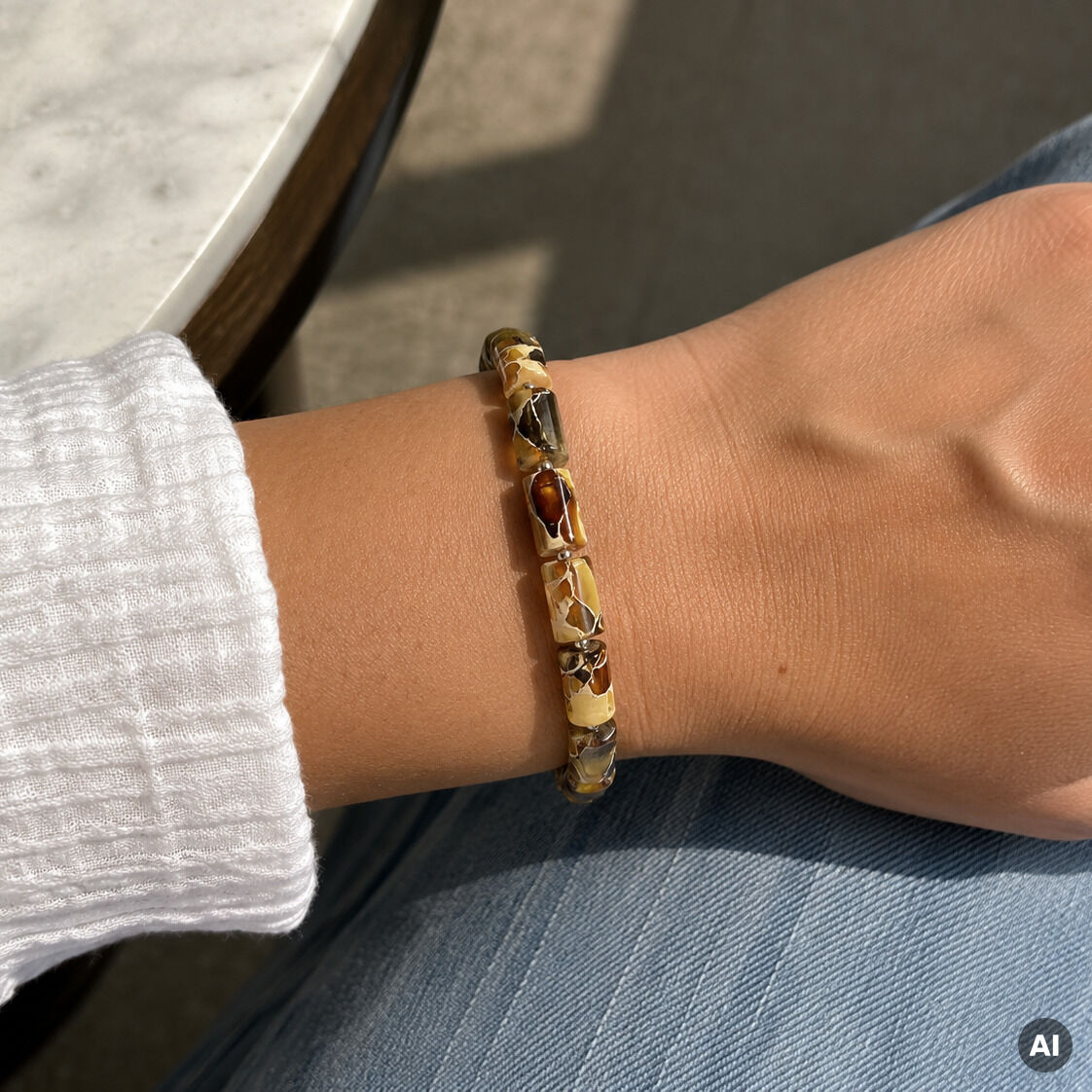 Auf dem Bild ist ein Armband "Jantara" von Ars mundi mit unterschiedlich goldbraunen Bernsteinsteinen zu sehen, das am Handgelenk einer Person getragen wird. Die Steine sind unregelmäßig geformt, das Armband wirkt natürlich und hochwertig. Sonnenlicht beleuchtet den Arm.