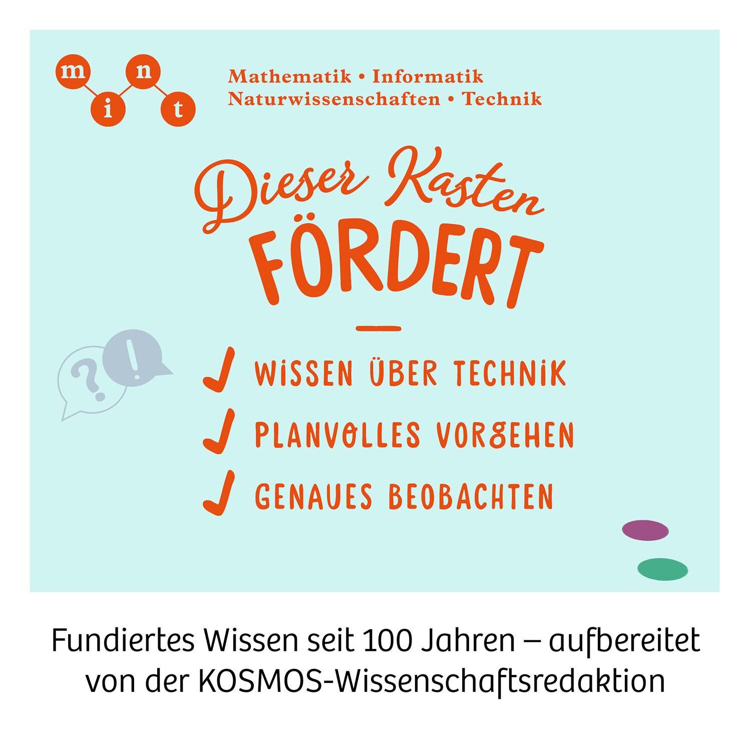 Mathematik, Informatik, Naturwissenschaften, Technik sind die Themen auf einem Bildungskasten, der für strukturiertes Vorgehen und genaue Beobachtung wirbt.