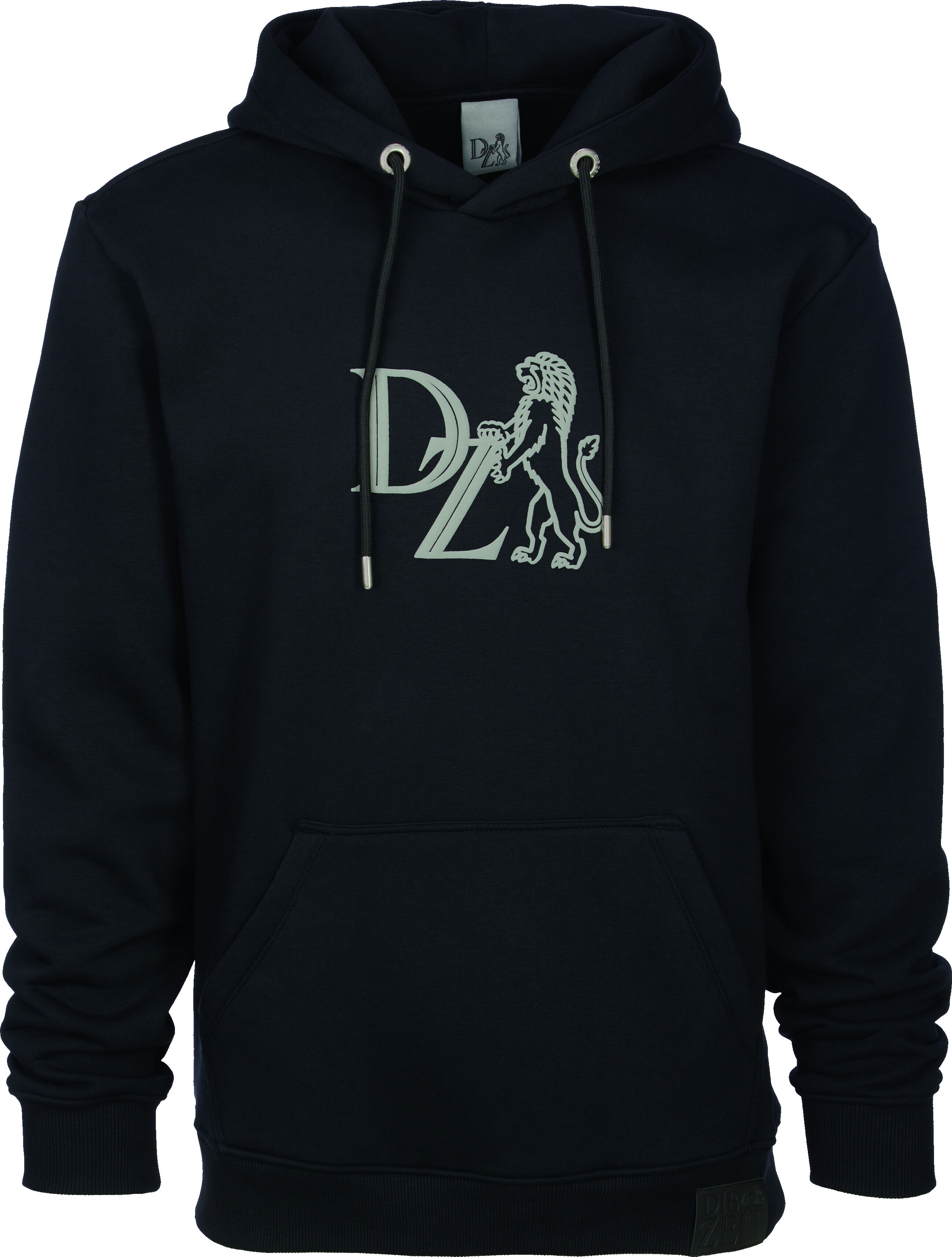 Schwarzer Hoodie der ZEIT-Kollektion mit weißem Aufdruck auf der Vorderseite, Kapuze und Kängurutasche.