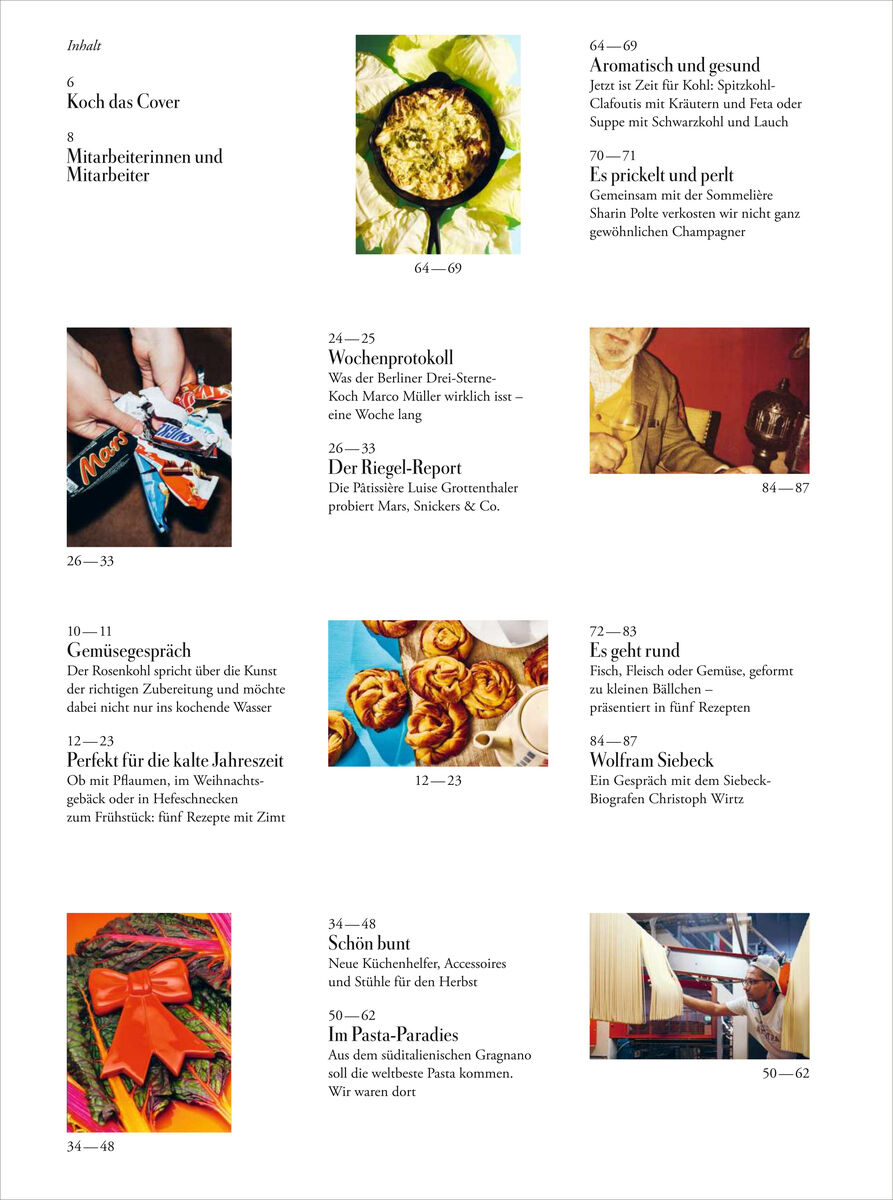 Detaillierte Inhaltsübersicht des ZEITmagazin WOCHENMARKT 11/26 mit Rezept- und Reportagethemen sowie sechs verschiedenen Farbfotos von Speisen, Menschen und stilisierten Objekten. Klare Aufteilung mit modernen Schrifttypen auf weißem Hintergrund.
