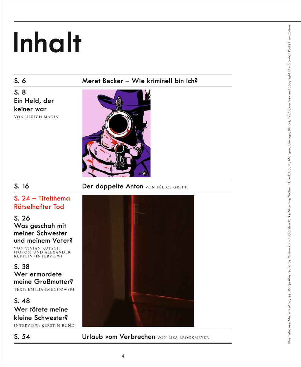Inhalt der Zeitschrift ZEIT VERBRECHEN 7/20 mit einem illustrierten Bild von einer Person mit Hut und Sonnenbrille, die eine Pistole auf den Betrachter richtet. Eine Textübersicht listet verschiedene Themen und Artikel der Ausgabe auf. Das Layout ist schlicht in Weiß mit schwarzem Text und roten Akzenten gestaltet.