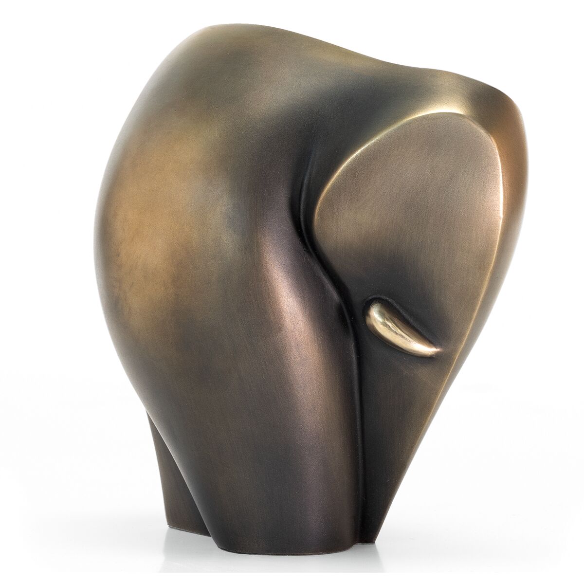 Abgebildet ist die Bronzeskulptur »Kleiner Elefant« von Cordula Dobes. Die stilisierte Figur zeigt einen in abstrakter Form dargestellten Elefanten aus bronze- und goldfarben glänzendem Metall. Die Oberfläche ist glatt, mit feinen Farbnuancen und weichen Rundungen.