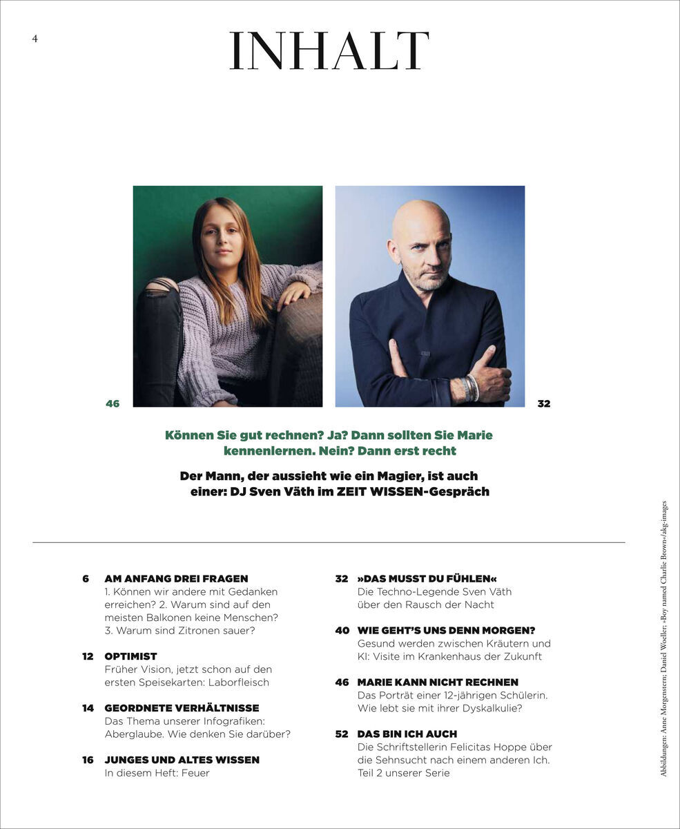 Inhaltsseite des ZEIT WISSEN Magazins 2/23 mit dem Titel 'Die Kraft der Naivität'. Die Seite zeigt zwei Fotografien, eine Frau und ein Mann. Darunter befindet sich eine Überschrift und ein kurzer Text, der den Inhalt beschreibt. Die Seite ist in einem minimalistischen Design mit schwarzer Schrift auf weißem Hintergrund gestaltet.