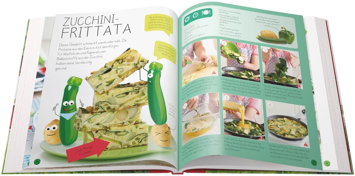 Aufgeschlagenes Buch der ZEIT LEO-Edition »Mein kleiner Garten«. Die Doppelseite zeigt ein Rezept für Zucchini-Frittata mit illustrierten Zucchini-Figuren und Schritt-für-Schritt-Bildern der Zubereitung. Das Layout ist farbenfroh mit grünen und weißen Hintergründen.